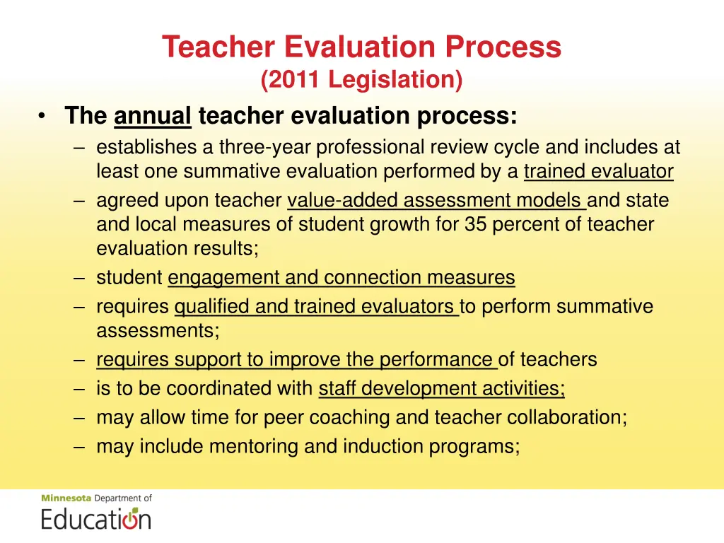 teacher evaluation process 2011 legislation