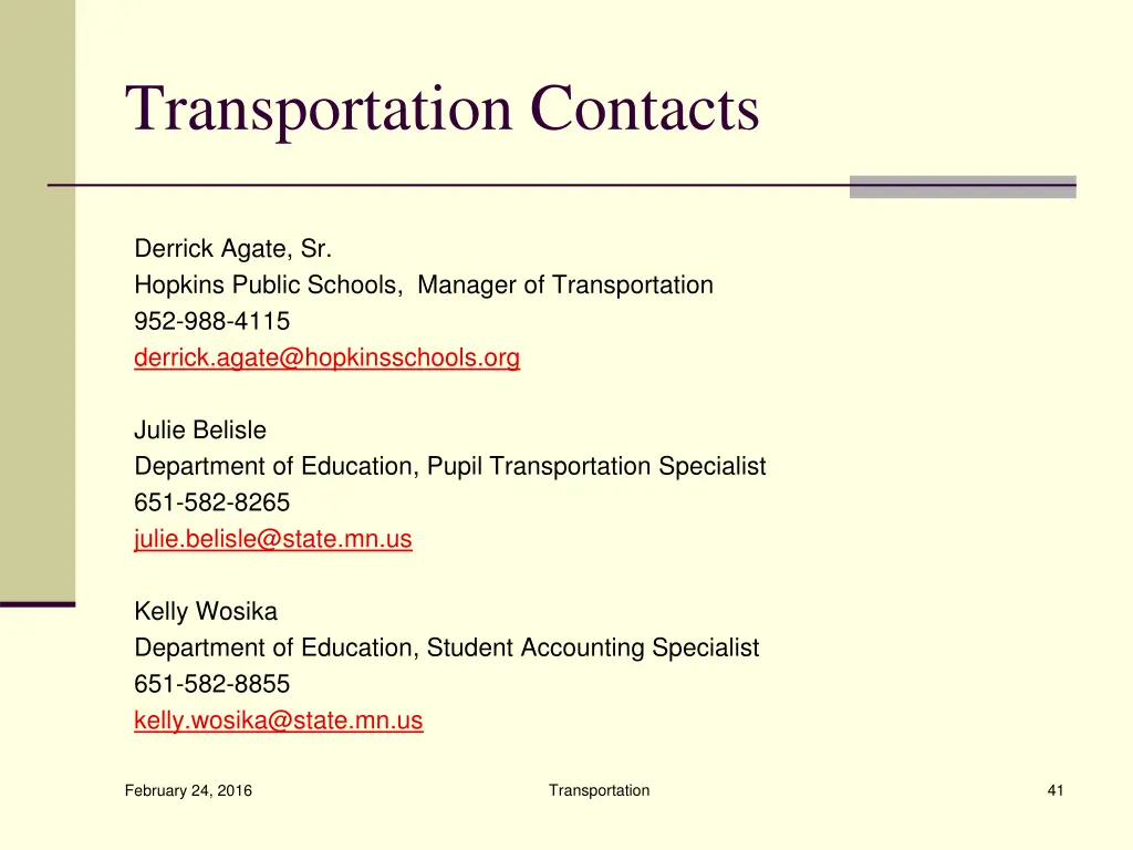 transportation contacts