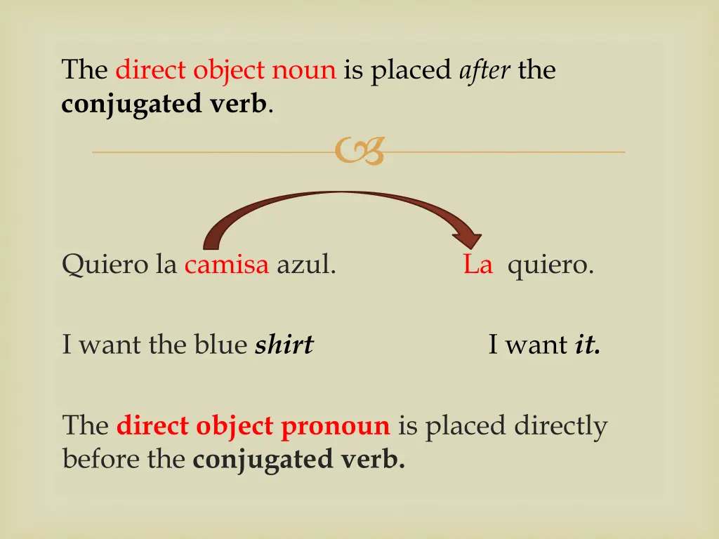 the direct object noun is placed after