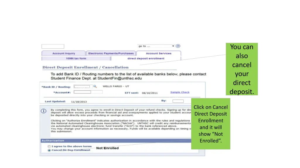 student accounting cancelling direct deposit