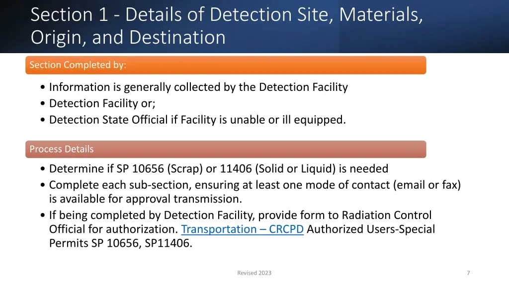 section 1 details of detection site materials