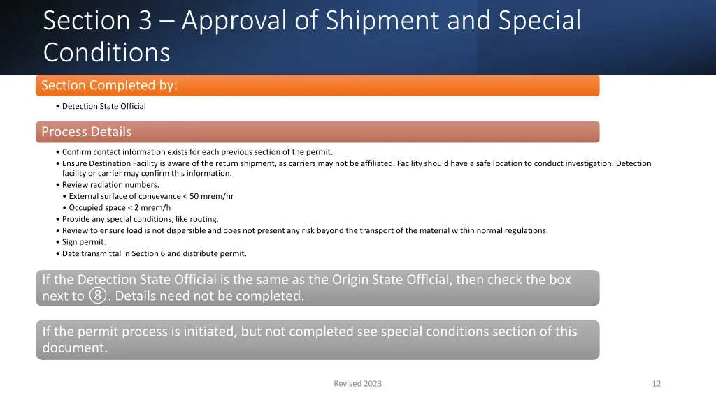 section 3 approval of shipment and special