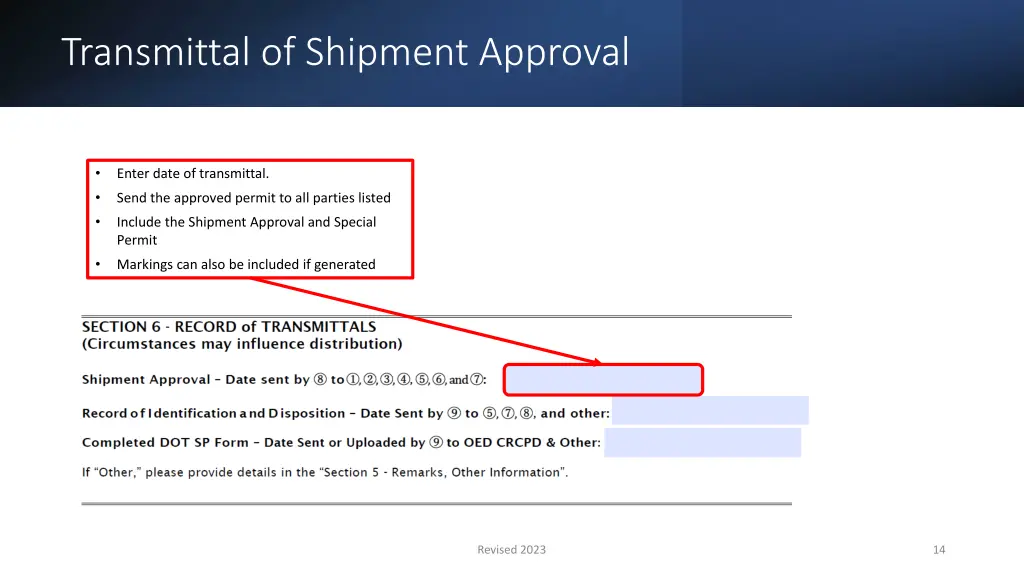 transmittal of shipment approval