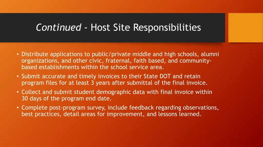 continued host site responsibilities