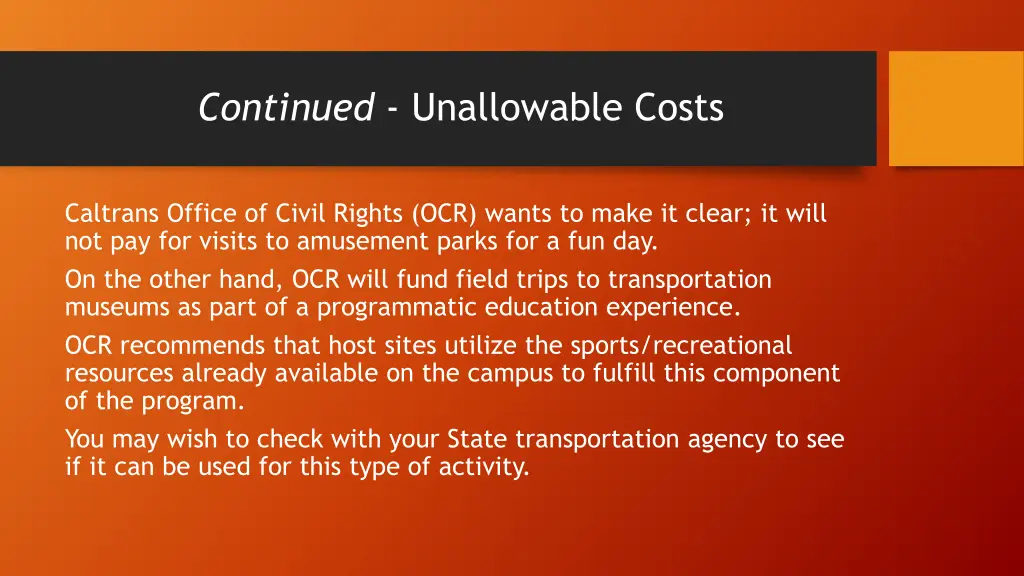 continued unallowable costs