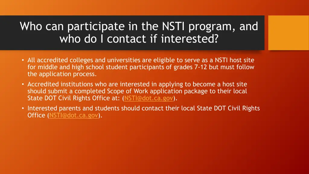 who can participate in the nsti program