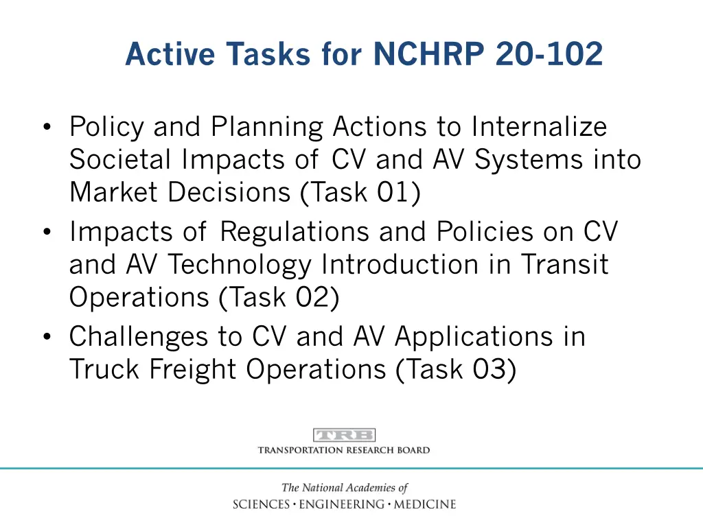 active tasks for nchrp 20 102