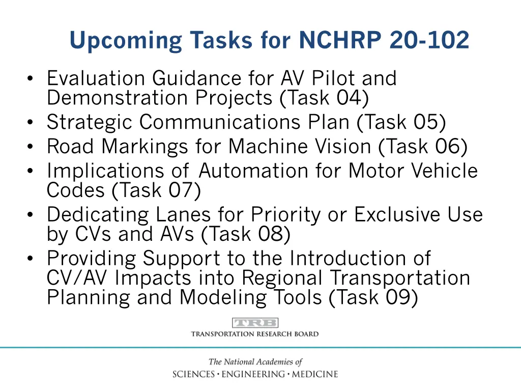 upcoming tasks for nchrp 20 102