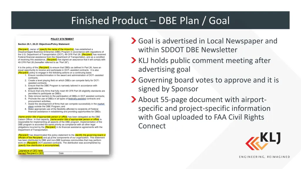 finished product dbe plan goal