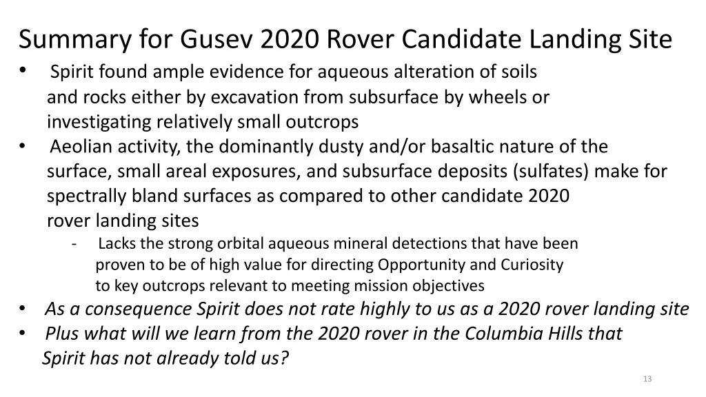 summary for gusev 2020 rover candidate landing