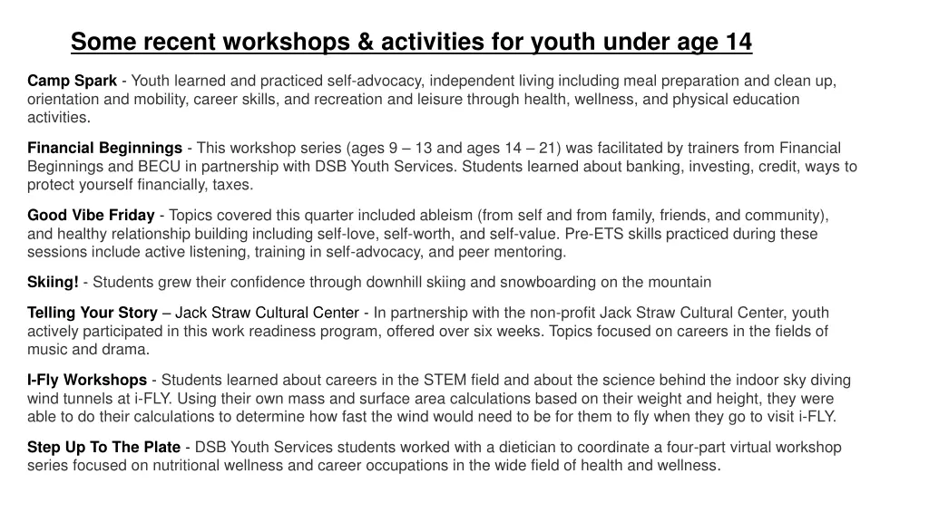 some recent workshops activities for youth under