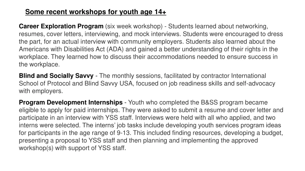 some recent workshops for youth age 14