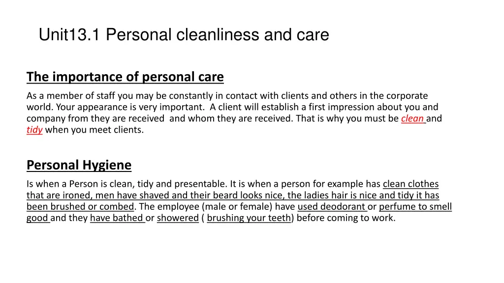 unit13 1 personal cleanliness and care