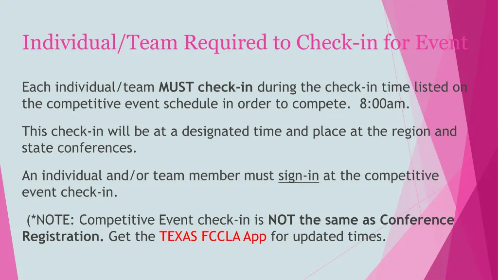 individual team required to check in for event