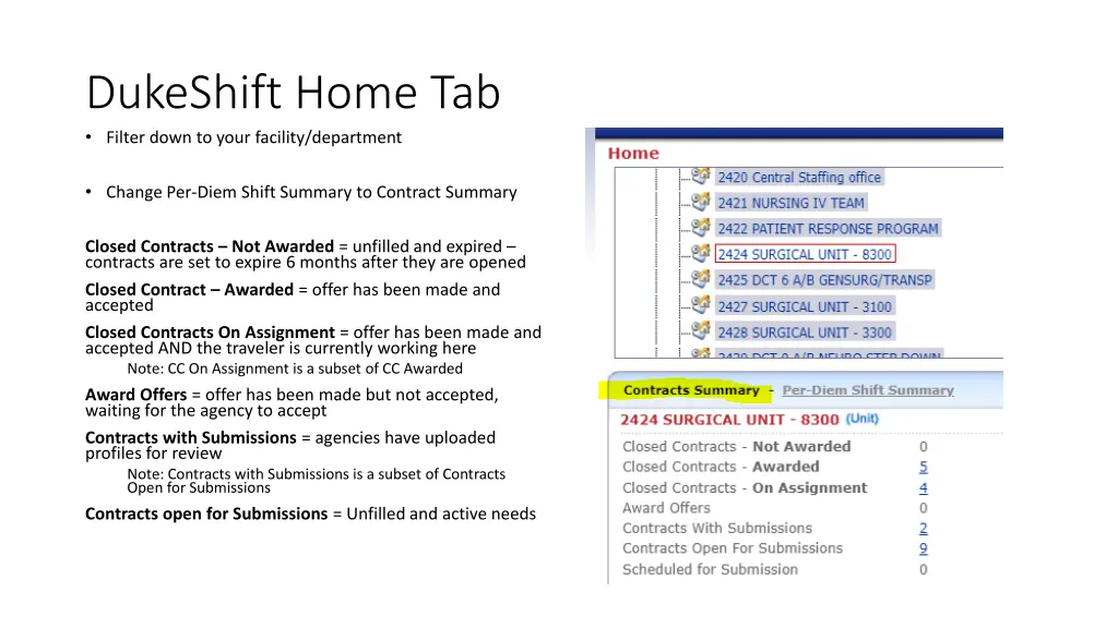 dukeshift home tab filter down to your facility