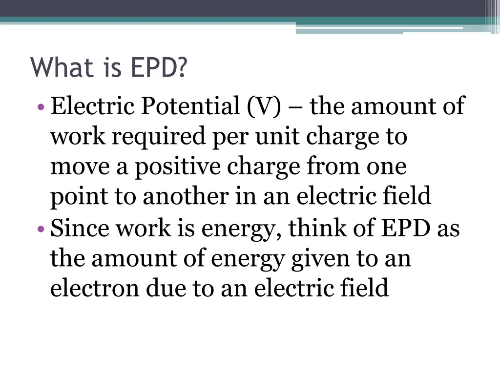 what is epd electric potential v the amount