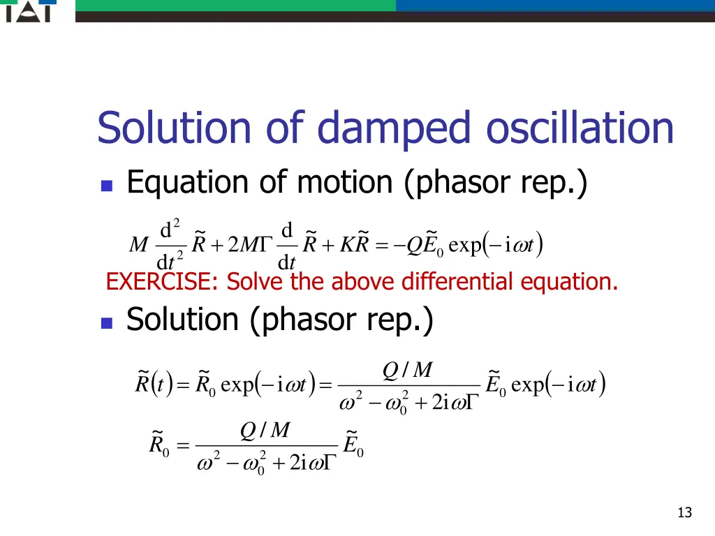 solution of damped oscillation equation of motion