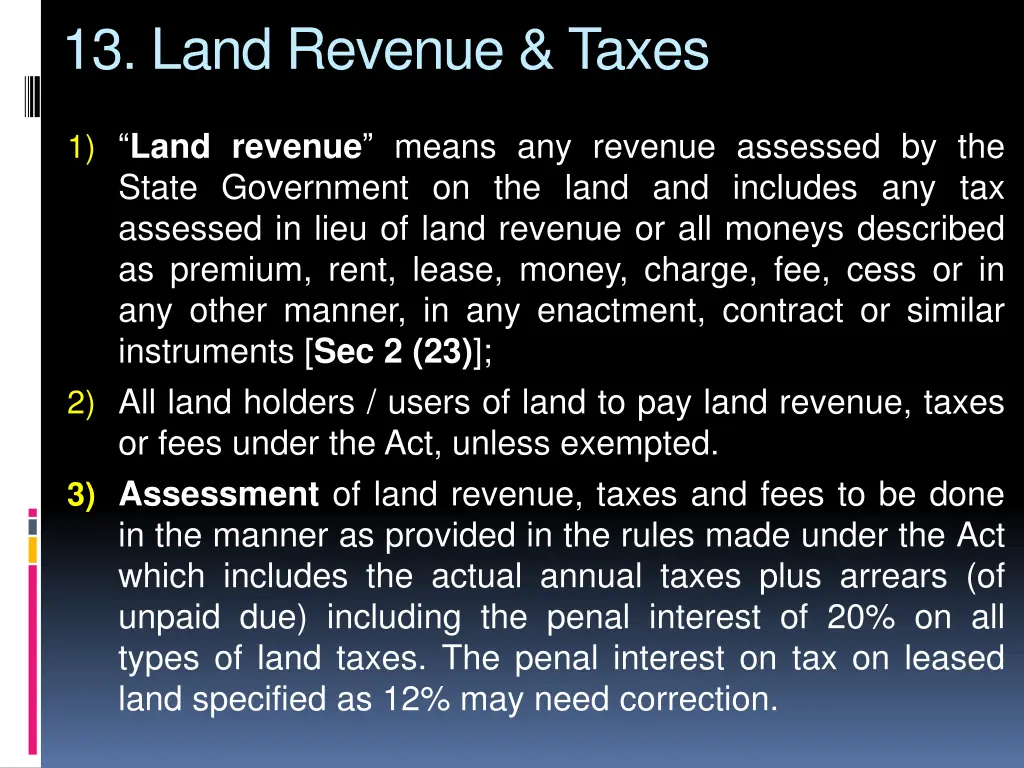 13 land revenue taxes