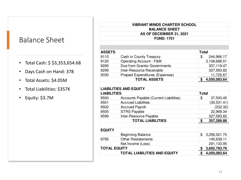 vibrant minds charter school balance sheet