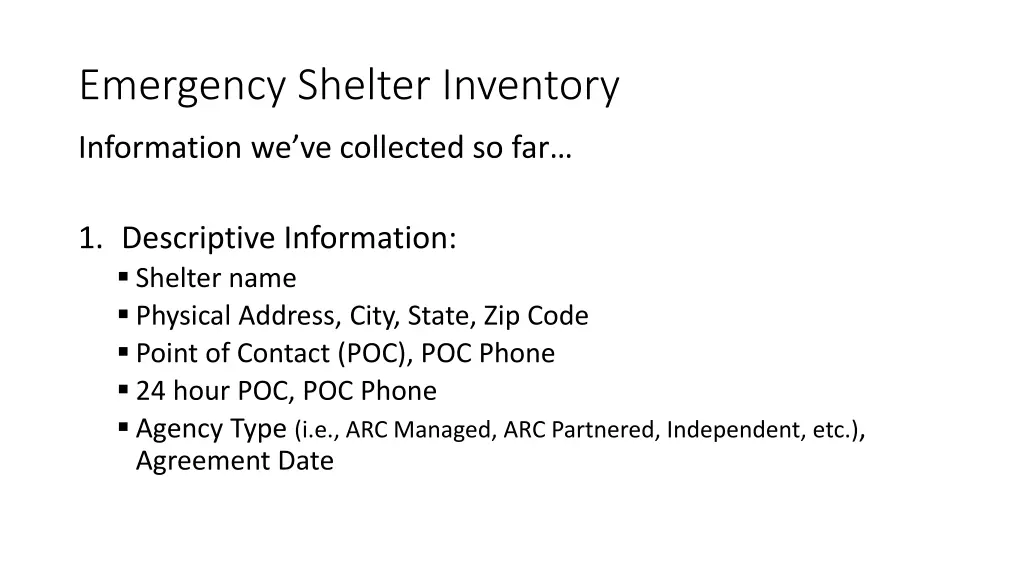 emergency shelter inventory