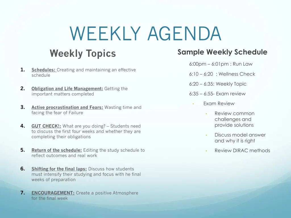 weekly agenda weekly topics