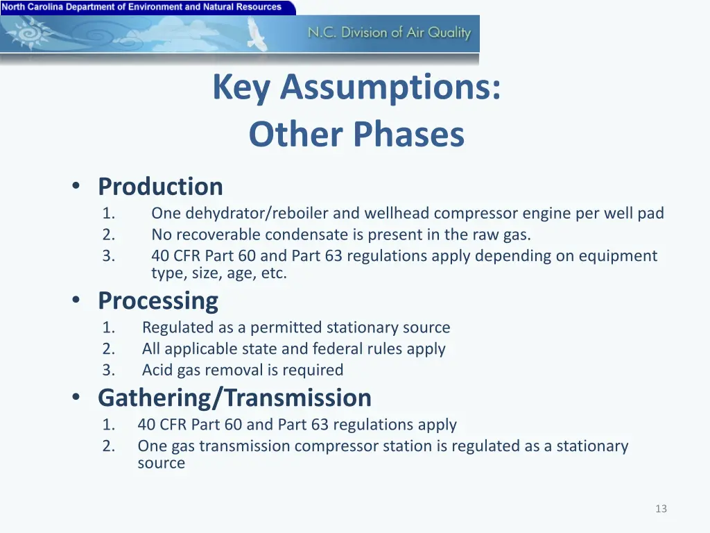 key assumptions other phases production