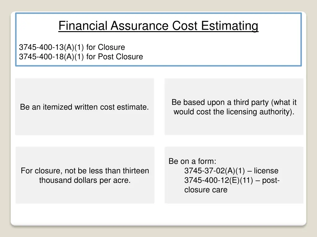 financial assurance cost estimating