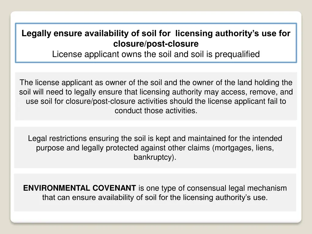 legally ensure availability of soil for licensing