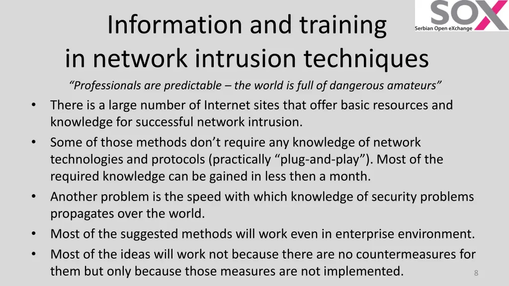 information and training in network intrusion