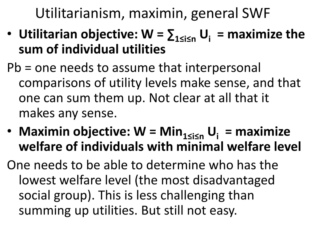 utilitarianism maximin general swf utilitarian