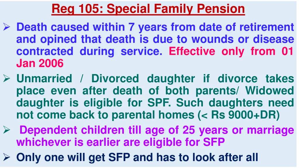 reg 105 special family pension death caused