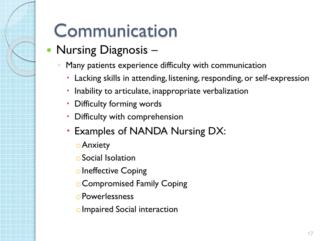 communication nursing diagnosis many patients