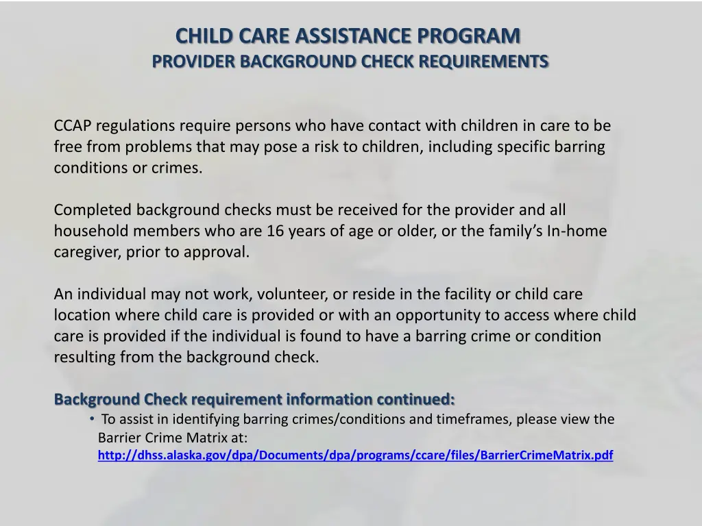 child care assistance program provider background