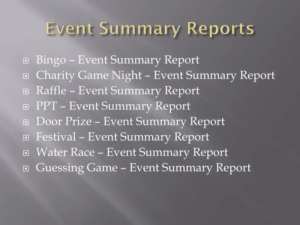 bingo event summary report charity game night