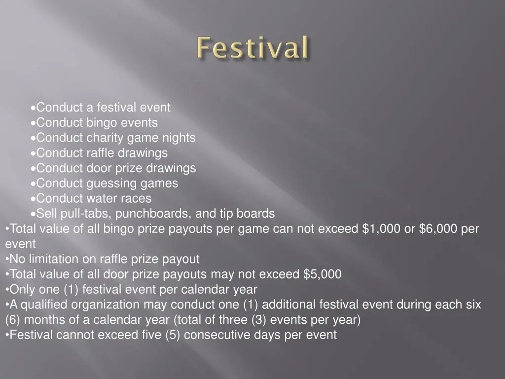 conduct a festival event conduct bingo events