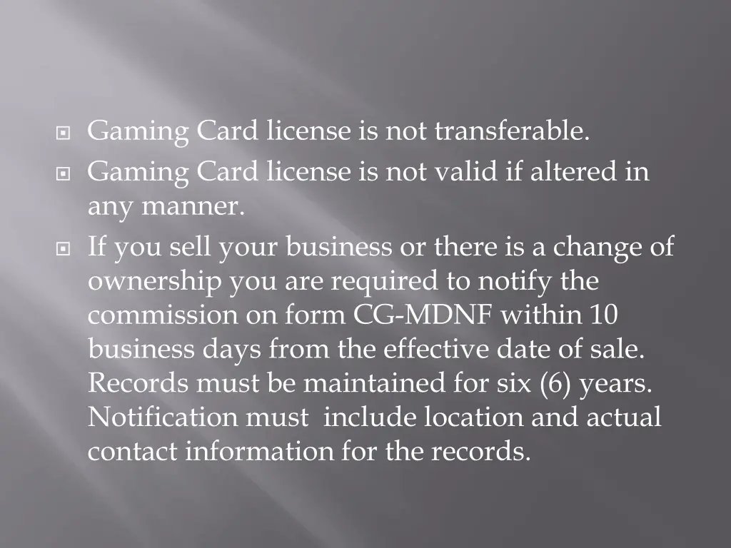 gaming card license is not transferable gaming