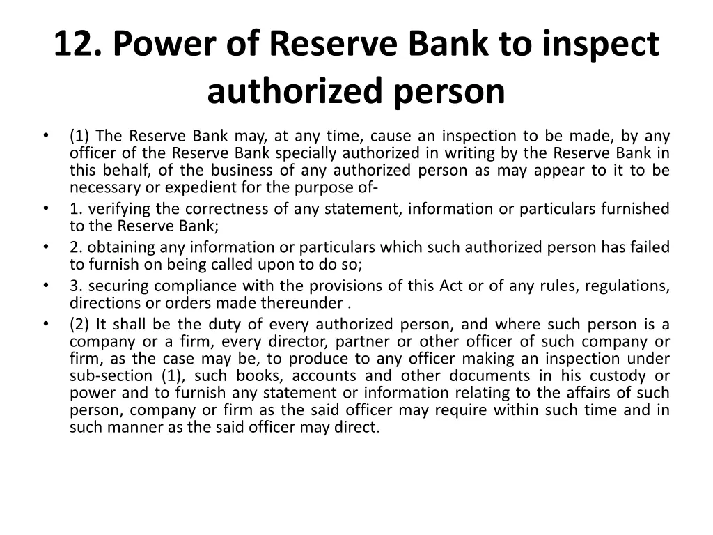 12 power of reserve bank to inspect authorized