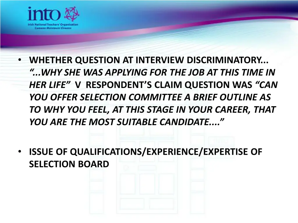 whether question at interview discriminatory