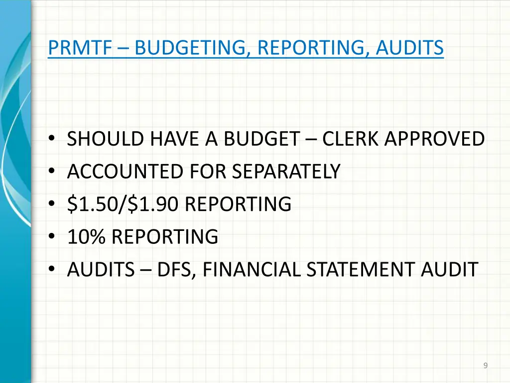 prmtf budgeting reporting audits