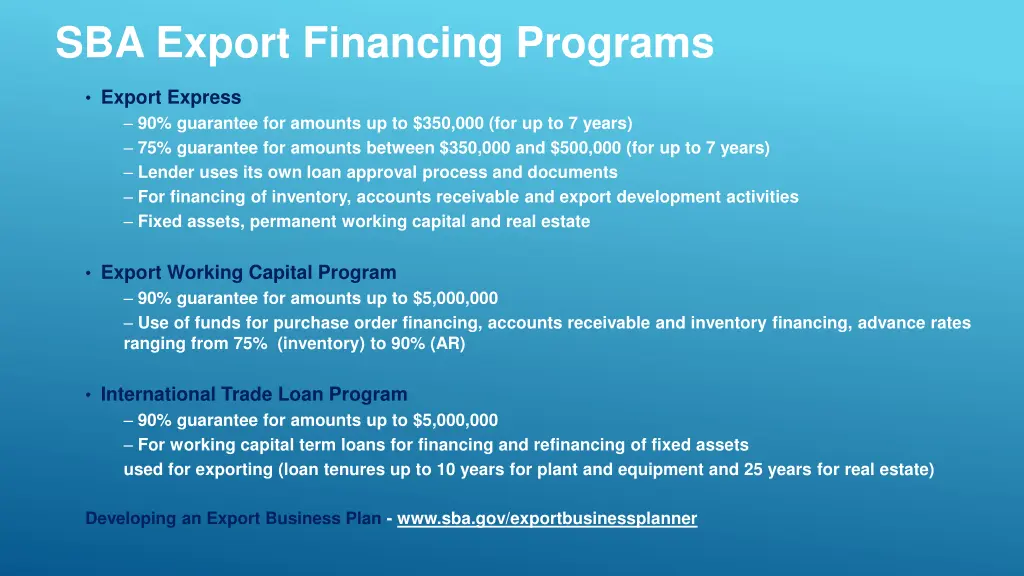 sba export financing programs