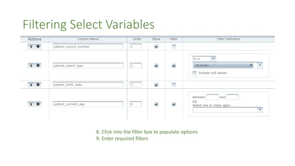 filtering select variables