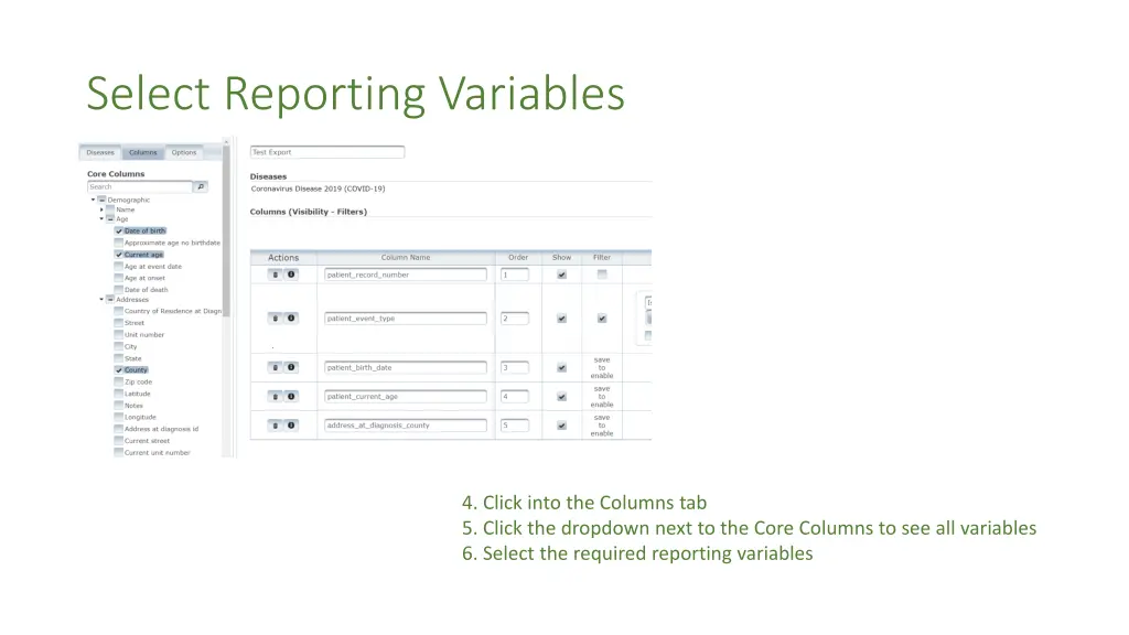 select reporting variables