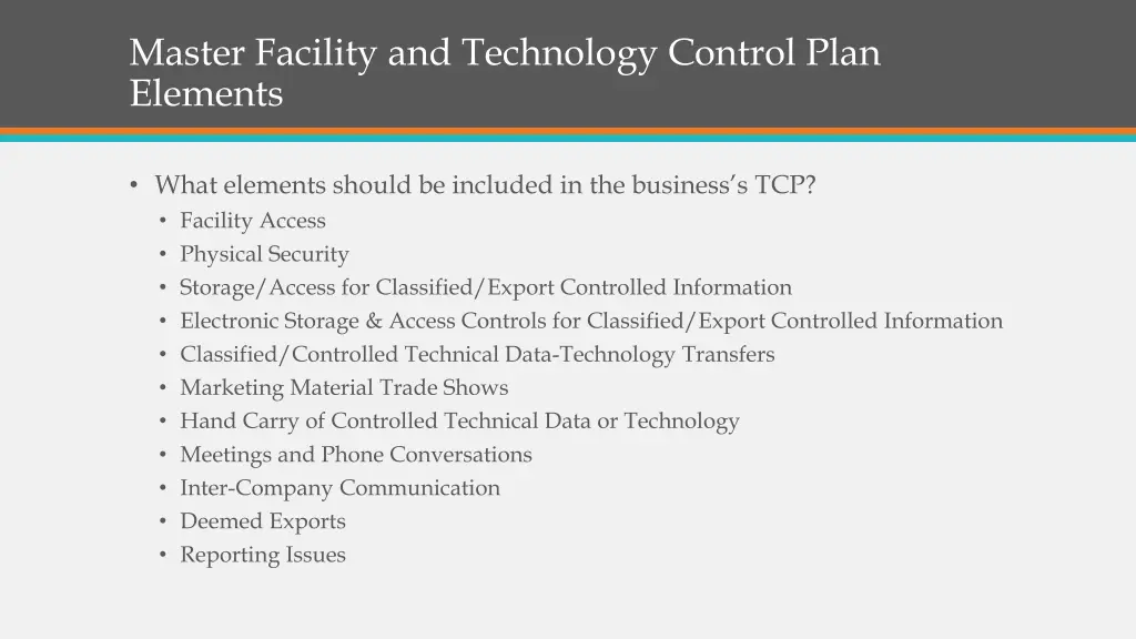 master facility and technology control plan