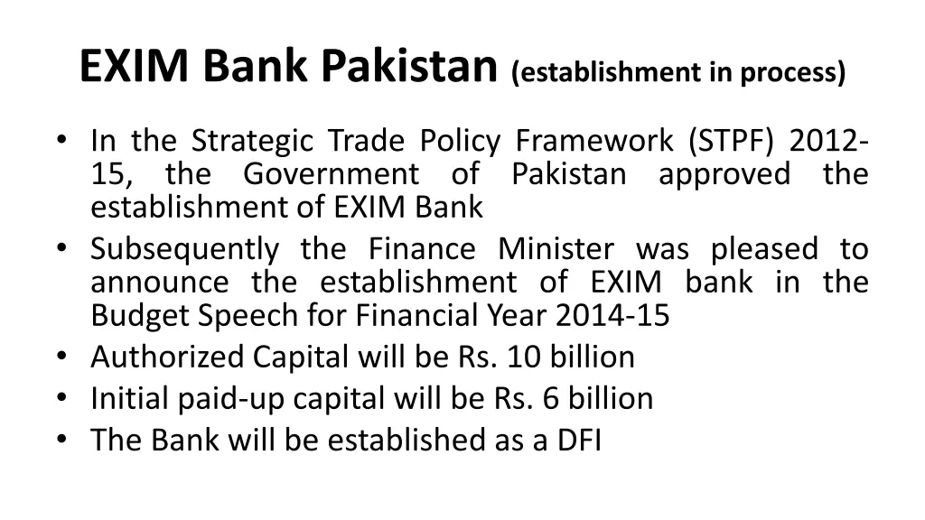 exim bank pakistan establishment in process