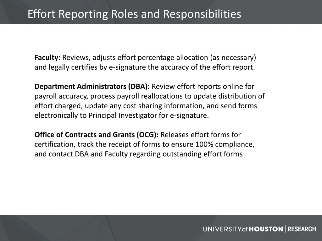 effort reporting roles and responsibilities