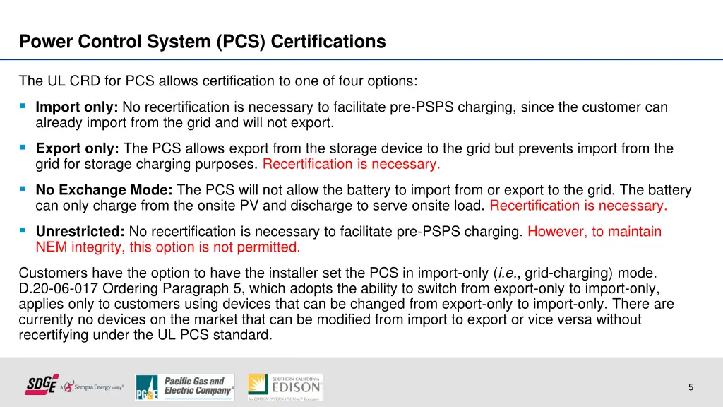 power control system pcs certifications