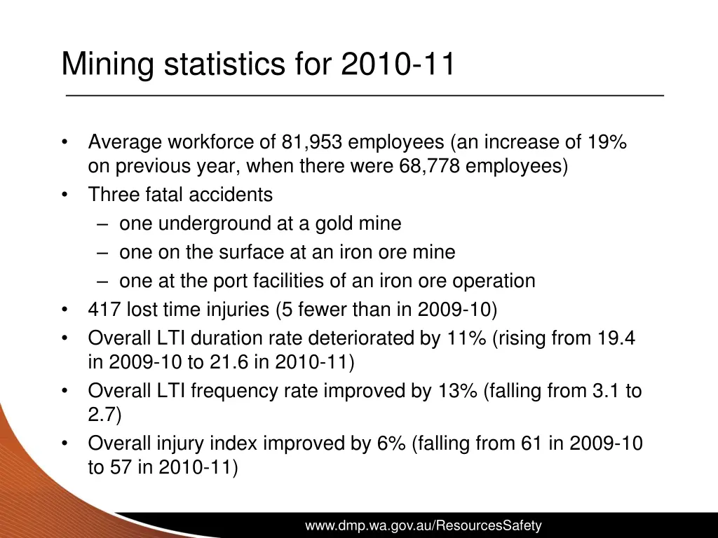 mining statistics for 2010 11