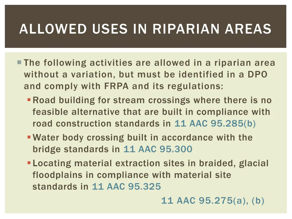 allowed uses in riparian areas