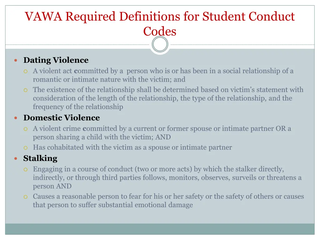 vawa required definitions for student conduct