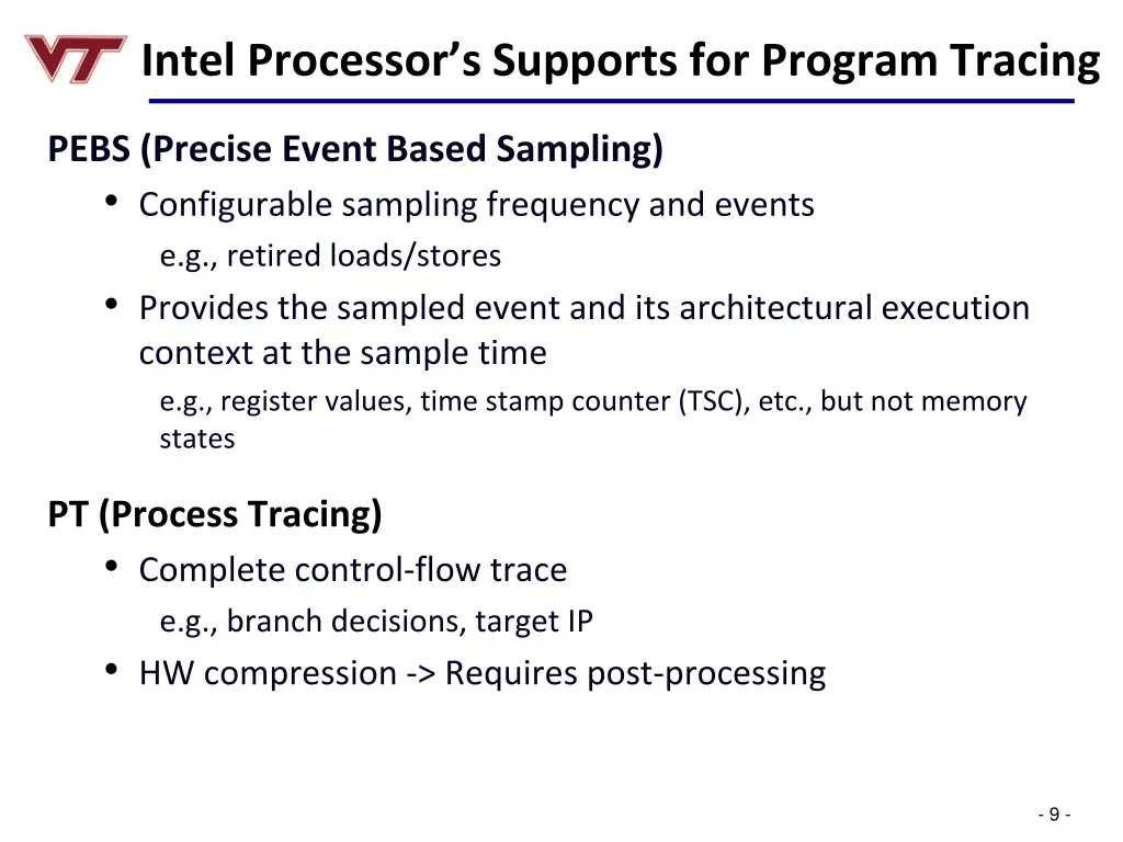 intel processor s supports for program tracing